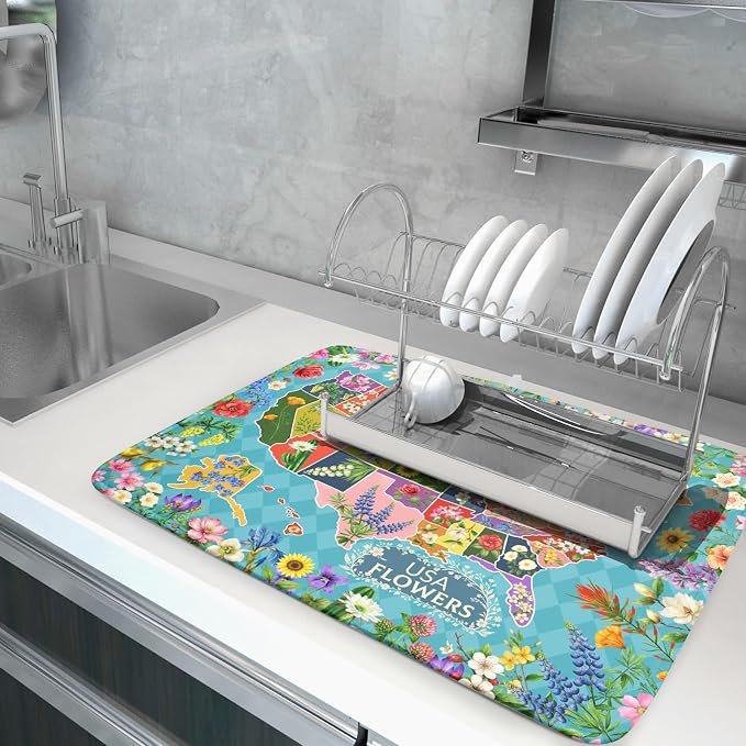 Flower Map Dish Drying Mat Colorful Floral Microfiber Large Dish Drying Pad for Kitchen Counter 18 X 24 In