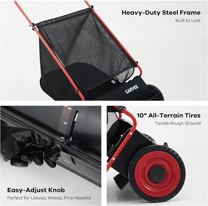 Push Lawn Sweeper, 26 in Leaf & Grass Collector with 7 cu. ft. Hopper Bag, Heavy Duty Yard Sweeper with Clear Dust Cover & Large Collection Bag for Lawn Yard Cleanup