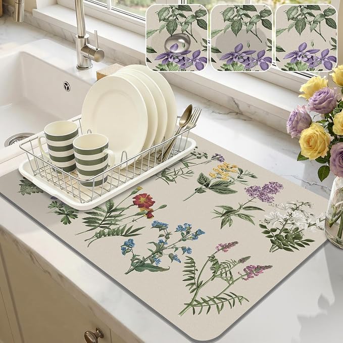 LOKHOM Dish Drying Mat for Kitchen Counter, 12"x20" Absorbent Coffee Bar Mat with Vintage Sage Flower Herbs, Dish Drainer Rack Mat for Kitchen Counter