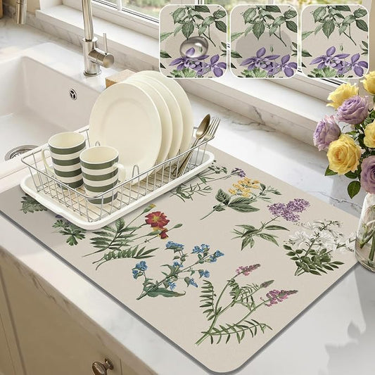 LOKHOM Dish Drying Mat for Kitchen Counter, 12"x20" Absorbent Coffee Bar Mat with Vintage Sage Flower Herbs, Dish Drainer Rack Mat for Kitchen Counter