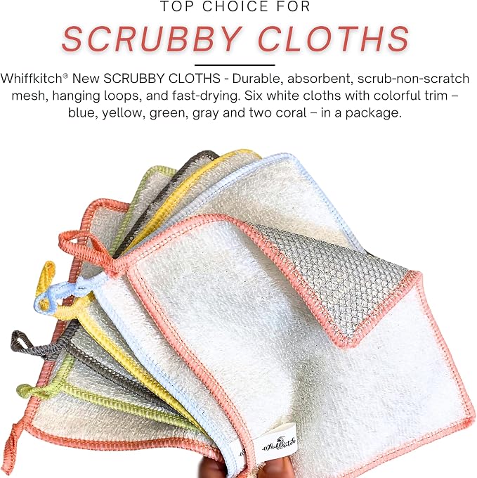 Whiffkitch® Scrubby Cloth – 6-Pack, Dishcloths, Dishrags for Kitchen and Household Cleaning 6x7, 2-Sided, Non-Scratch, Bamboo-Rayon, Scrub Mesh, Quick Dry, Washable, Reusable