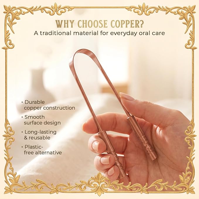 MasterMedi Tongue Scraper with Case Easy to Use Tongue Scraper for Adults, Tongue Cleaner for Oral Care & Hygiene Copper Set of 2 (with Travel Case)
