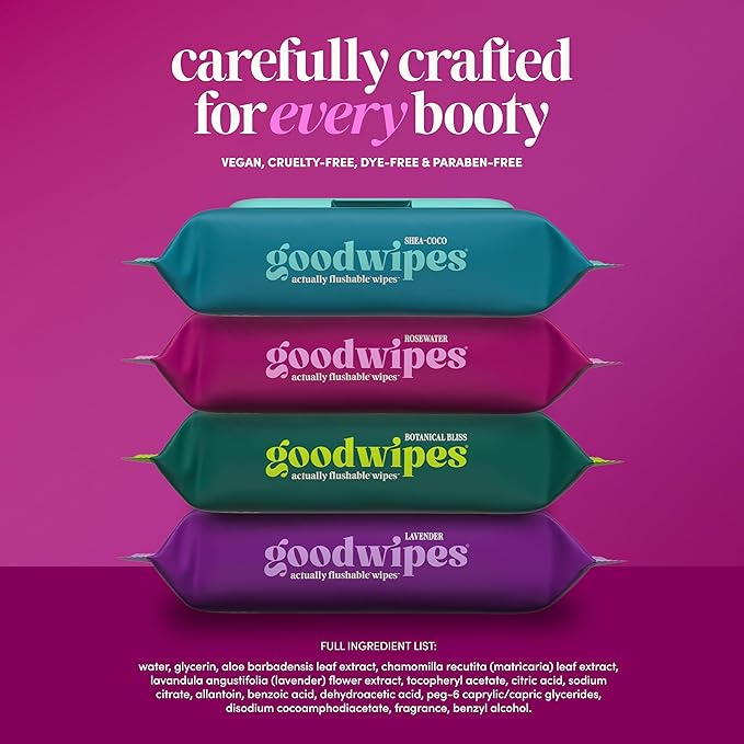 goodwipes Flushable Wipes - Rosewater Wet Wipes for Adults, Sewer & Septic Safe, Guest Bathroom Essentials for Women & Men, pH Balanced & Extra Large, 153 Count (3 Packs and 3 Singles)
