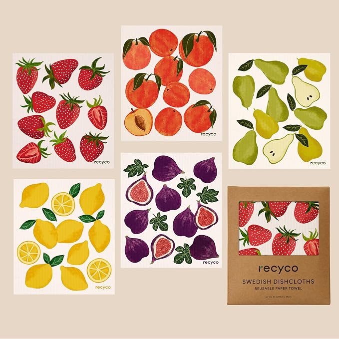 RECYCO Swedish Dishcloths for Kitchen | 5 Pack Fruit Grove Washable Dish Rags | Cellulose Reusable Cleaning Paper Towels | Absorbent Counter Dish Cloth Sponge Kitchen Wipes, 8" L x 7" W