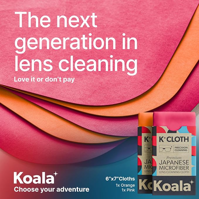 Koala Lens Cleaning Cloth | Japanese Microfiber | Pink & Orange (Pack of 2) | Glasses Cleaning Cloths | Eyeglass Lens Cleaner | Eyeglasses, Camera, VR/AR Headset, and Screen Cleaner | Washable & Reusable
