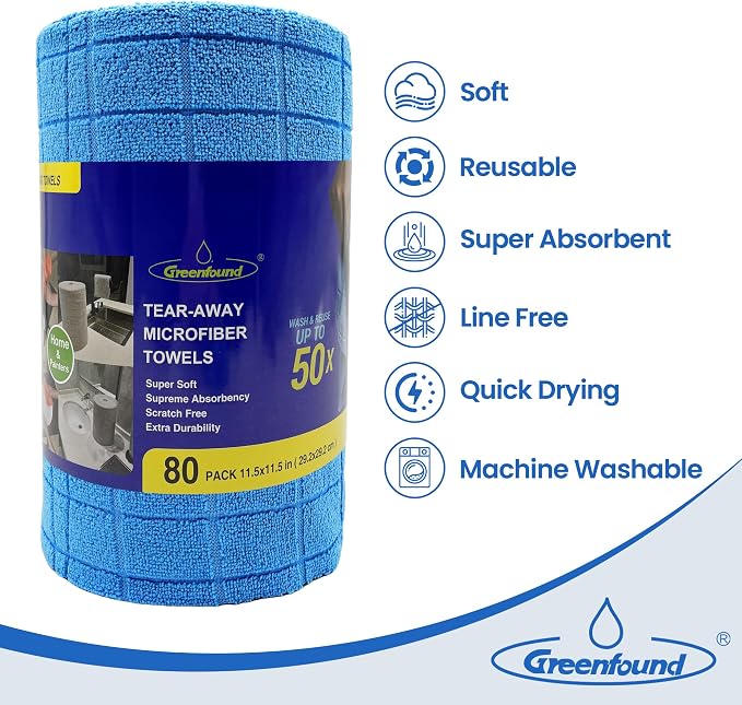Greenfound Microfiber Cleaning Cloth Roll, 80 Pack Tear Away Towels, Reusable Washable Lint Free Scratch Free Absorbent Cleaning Rags for Kitchen Home Car Window Glass, 11.5 x 11.5 Inch Check Blue