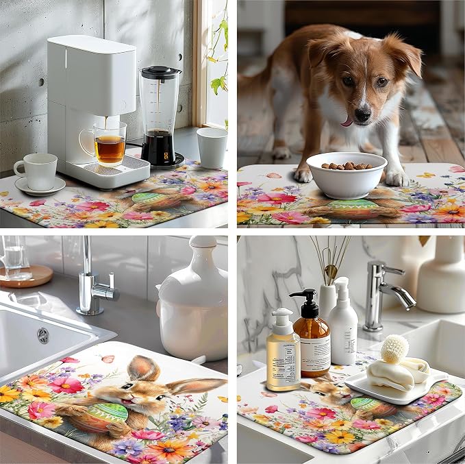 Spring Easter Dish Drying Mat for Kitchen Counter Easter Bunny Rabbit Eggs Flowers Dishes Drainer Mats 18x24 Microfiber Absorbent Large Dish Drying Pad for Kitchen Countertop Tableware Decor