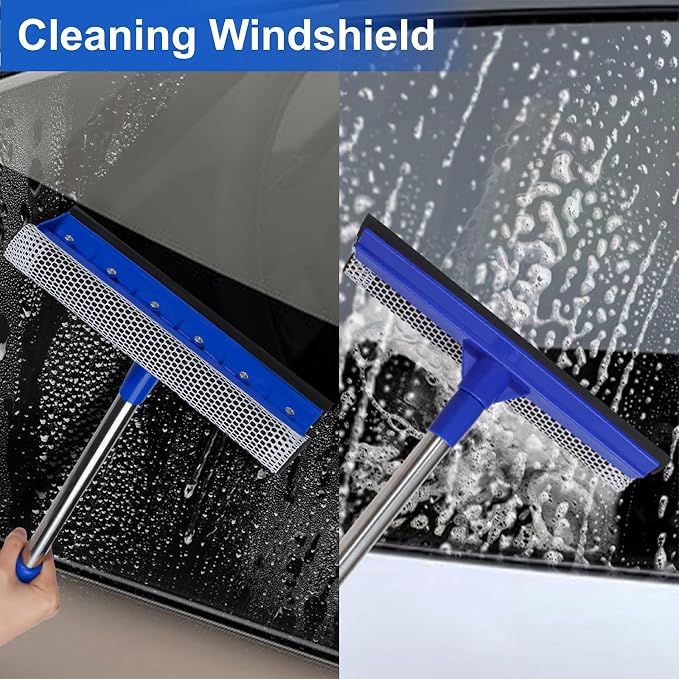 2-in-1 Car Windshield Squeegee and Sponge Scrubber for Cleaning and Washing, Rubber Blade Cleaner with Handle, Retractable car Wipers Suitable for All Vehicles, Blue