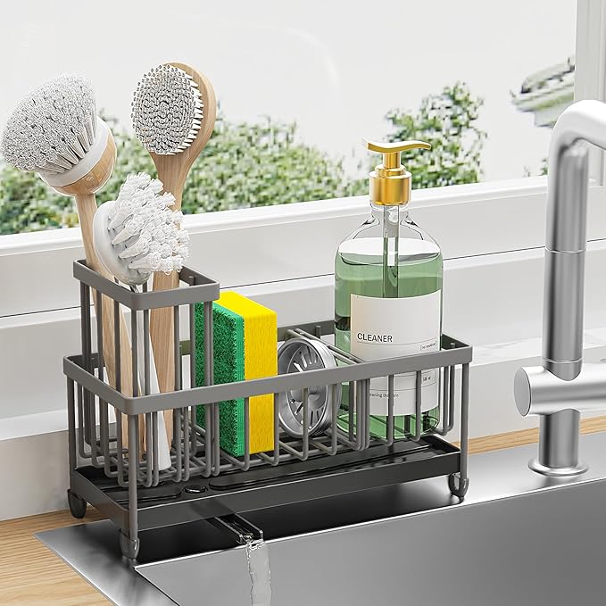 Cisily Sponge Holder for Kitchen Sink, Sink Caddy Organizer with High Brush Holder, Kitchen Countertop Organizers and Storage Essentials, Rustproof 304 Stainless Steel (Dark Grey, 9.25″)