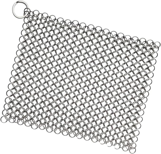 8"x6" Cast Iron Scrubber Stainless Steel Chainmail Cleaner for Pre-Seasoned Pans, Griddles, BBQ Grill and Pot Cookware Cleaning