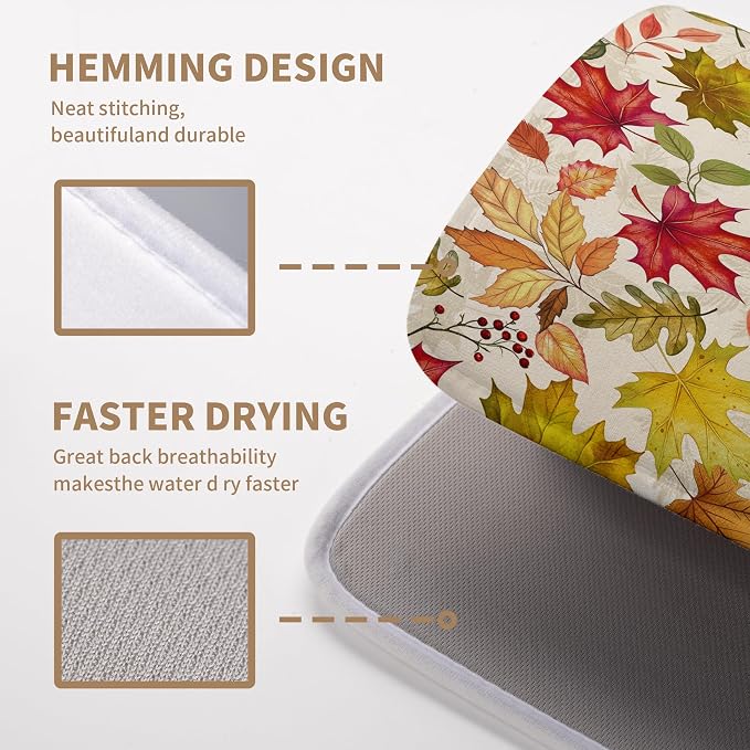 Fall Maple Leaves Dish Drying Mat for Kitchen Counter 18 x 24 Inch Autumn Thanksgiving Absorbent Reversible Microfiber Dish Draining Mat Washable Dish Drainer Rack Mat for Coffee Bar