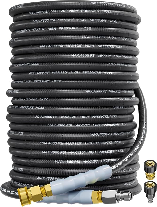 3/8" 4800PSI Pressure Washer Hose 125FT Swivel Quick Connect | Power Washer Hose for Cold/Hot Water Max 248°F, Kink Resistant Steel Wire Braided, Wear Resistant with M22 14mm Adapter
