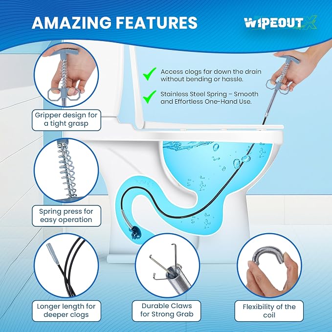 Drain Snake, 79 Inch Drain Clog Remover Tool with pair of Reusable Gloves – Flexible Grabber Claw Hair Drain Cleaner for Sink, Shower, Tub, Toilet, Bathroom & Kitchen Pipes