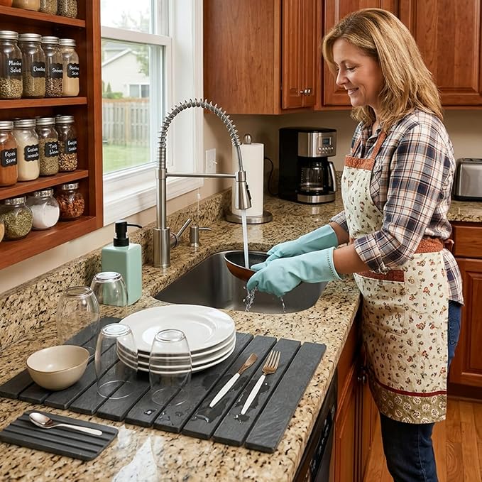 Large Stone Dish Drying Mat for Kitchen Counter, 2 PCS Quick Dry Diatomaceous Earth Dish Mat Set – Foldable Water Absorbing Kitchen Gadgets & Gifts, Home Essentials(Gray Ink 24"×16" & 8"x4")