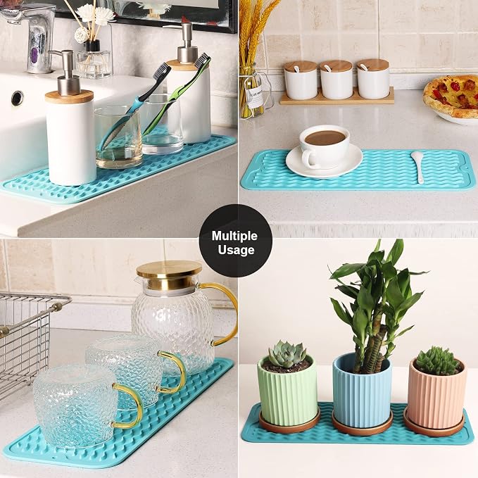 ZLR Small Dish Drying Mat (6" x 17" / 153 x 433mm) - Narrow Silicone Drainer for Kitchen Counter, Apartment & RV - Compact Sponge Holder & Sink Caddy Tray, Non-Slip Food-Grade Silicone (Mint Green)
