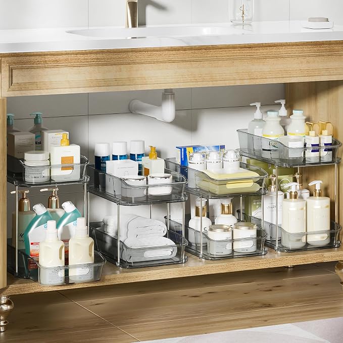 Delamu 2-Tier Under Sink Organizers and Storage, Multi-Purpose Stackable Bathroom Cabinet organizers, Pull Out Kitchen Pantry Organization and Storage with Dividers(4 Pack, Grey)