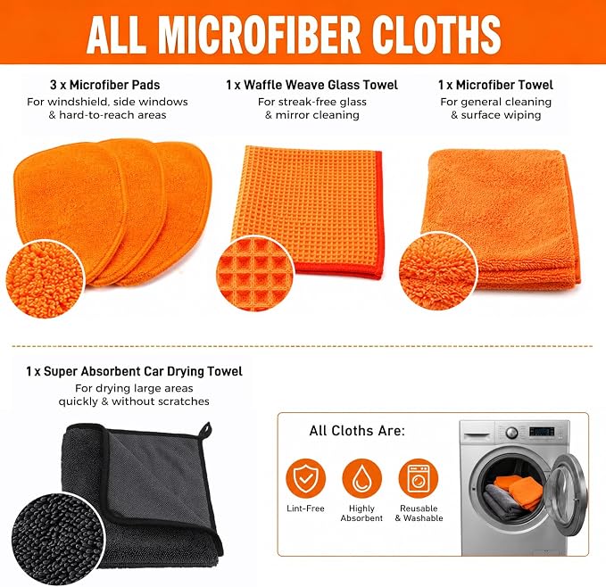 XINDELL Interior Windshield Cleaner Tool, Extendable Car Window Cleaning Kit with 360° Rotating Head, Interior Exterior Glass Cleaner for Cars Trucks SUVs, 10PCS with 3 Pads, Towels, Brushes & Bag | 360° Head, Extendable Handle, 3 Pads, 2 Brushes, 3 To...