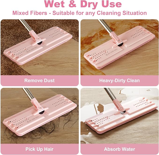 JOYMOOP Flat Mop Pads, Microfiber Mop Cleaning Pads, Washable Pads, Pads Replacement for Flat Mop or Mop Bucket Set, Pack of 4 Refills 13inch - Pink