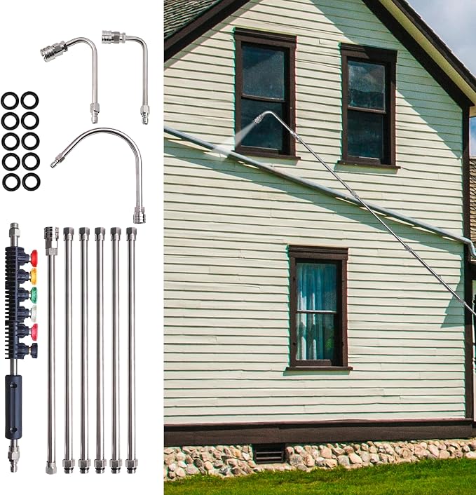 Xiny Tool Pressure Washer Extension Wand, 10 Pack Power Washer Lance with 6 Atomization Nozzle Tips,1 Gutter Cleaner Attachment Curved Rod, 1/4" Quick Connect, 4000 PSI