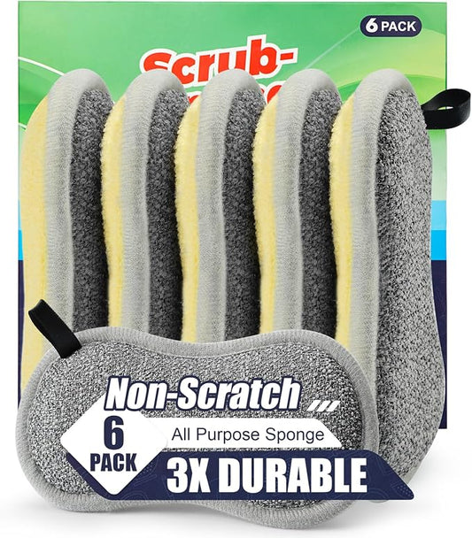 Dual Sided Multi-Purpose Sponges Kitchen,Non Scratch Dish Sponge for Washing Dishes Cleaning Kitchen，Rough Scrubbers for Non-Stick Cookware, Soft Microfiber Scrub for Dishes(Yellow,6Pack)