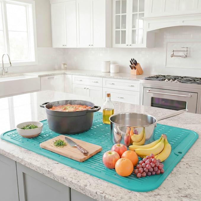 MicoYang Silicone Dish Drying Mat for Multiple Usage,Easy clean,Eco-friendly,Heat-resistant Silicone Mat for Kitchen Counter or Sink,Refrigerator or Drawer Liner Mint 2XL 24 inches x 18 inches