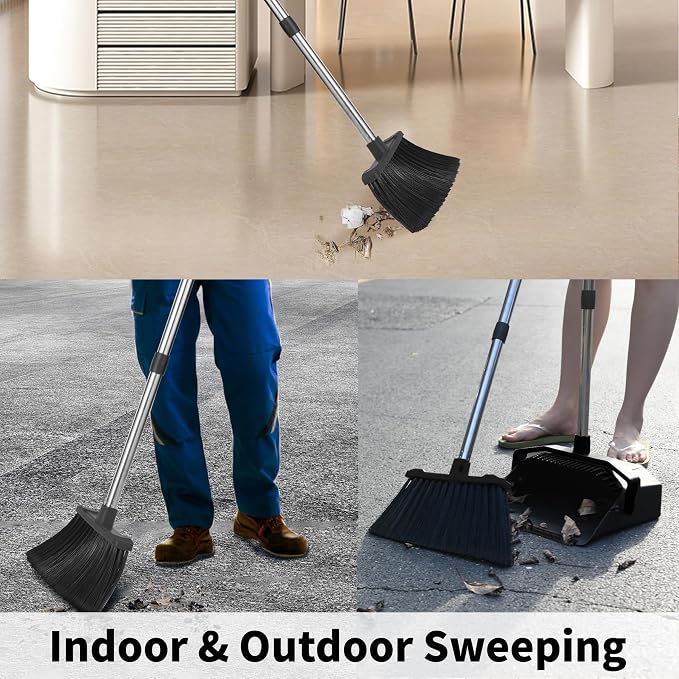 Tiumso 3-Pack Upright Broom with Dustpan Combo Set, Commercial Broom and Dustpan Set, Industrial Brooms and Dust Pan with Long Handle for Restaurant Kitchen Shop Warehouse Lobby Garage - Black
