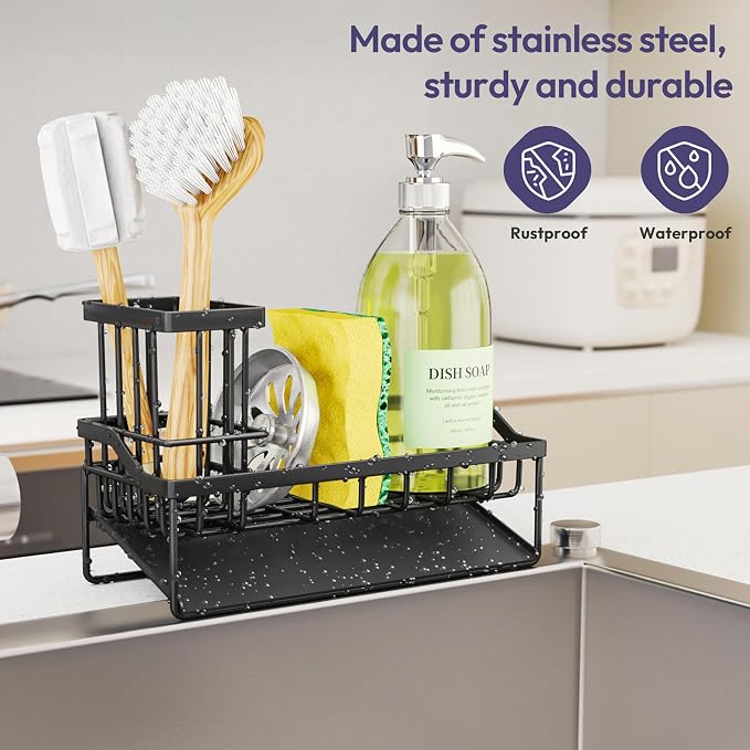 SWTYMIKI Sink Caddy Sponge Holder - Kitchen Sink Organizer with Stainless Steel Self Drain Tray & High Brush Holder for Countertop to Hold Dish Soaps and Sponges, Stainless Steel, Black
