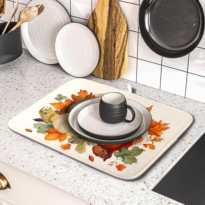 Giwawa Fall Pumpkin Dish Drying Mat Autumn Leaves Absorbent Dishes Pad 16x18 Inch Seasonal Microfiber Dish Drainer Rack Mat for Kitchen Countertop