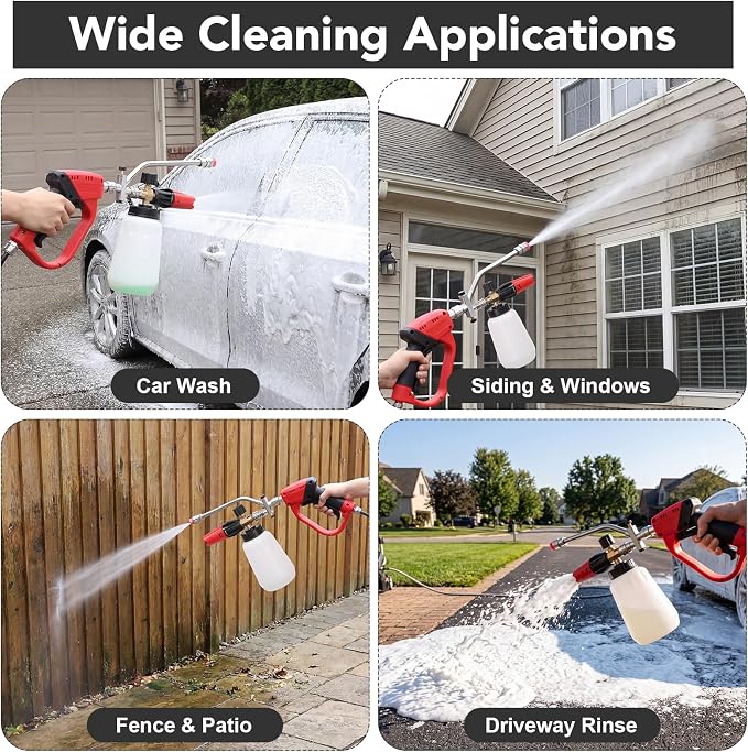 Foam Cannon for Pressure Washer, 5000 Psi, 1L, 6 Nozzles | 2-In-1 Foam And Rinse, Dual Connector, Adjustable Foam Output, 1/4" Quick Connect, Rust-Resistant Build