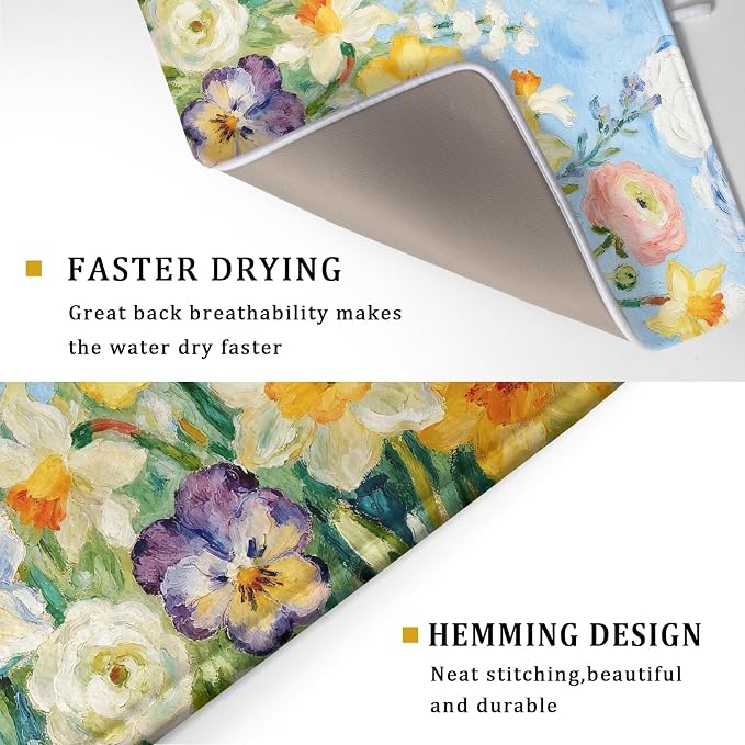 Spring Floral Dish Drying Mat for Kitchen Counter 18x24 Yellow Pink Narcissus Flower Seasonal Themed Summer Absorbent Reversible Microfiber Drying Mats Kitchen Countertop Protector Dishes Drainer Pad
