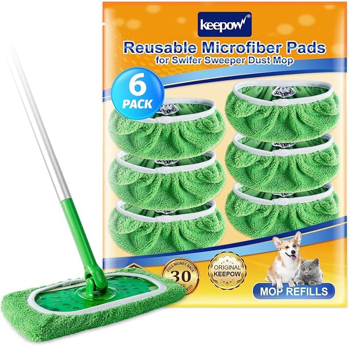 KEEPOW Reusable Mop Pads Refills Compatible with Swiffer Sweeper Mop, Dry Sweeping Cloths, Microfiber Wet Mopping Cloths for Hardwood Floor Cleaning, 6 Pack (Mop is Not Included)