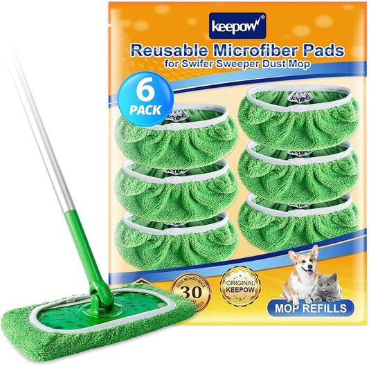 KEEPOW Reusable Mop Pads Refills Compatible with Swiffer Sweeper Mop, Dry Sweeping Cloths, Microfiber Wet Mopping Cloths for Hardwood Floor Cleaning, 6 Pack (Mop is Not Included)