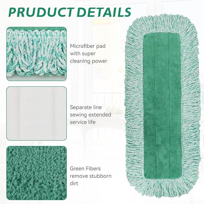 Dust Mop Pads for Rubbermaid Commercial Microfiber Dust Mops - 18 inch Mop Head Replacement with Fringe - Reusable Wet & Dry Cleaning Flat Mops System 18" 17" Refill for Multi-Surface Floor - 4 Pack