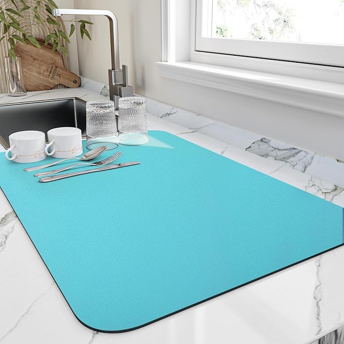 HotLive Dish Drying Mat for Kitchen Counter, Heat Resistant Drainer Mats with Non-slip Rubber Backed, Hide Stain Kitchen Super Absorbent Draining Mat, Easy to Clean Dish Rack Pad, Teal 18"x28"