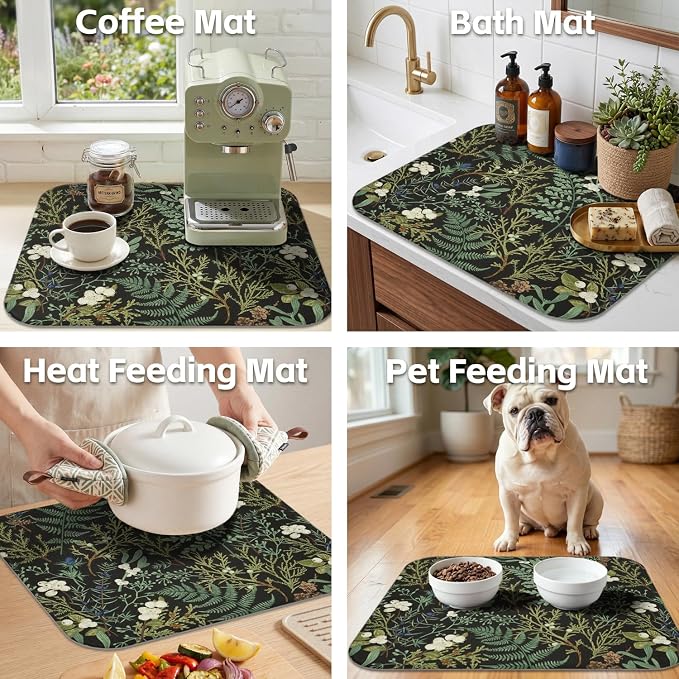 Boho Dish Drying Mat for Kitchen Counter,Botanical Fern Plant Floral Black Farmhouse Absorbent Microfiber Reusable Washable Non-Slip Dish Drainer Draining Mats Dishes Pad for Kitchen Decor 18x16 Inch