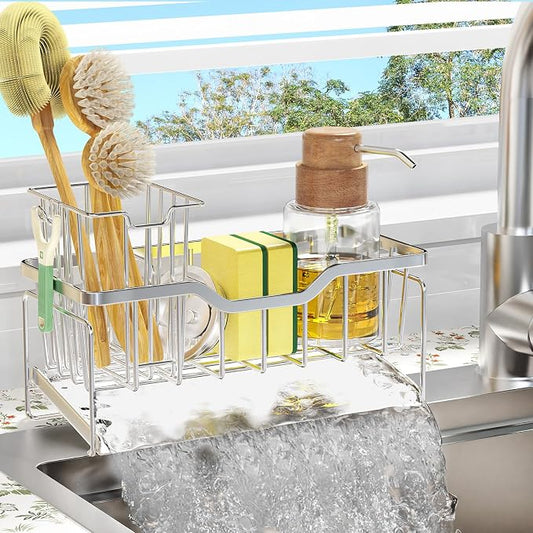 StorageRight Kitchen Sink Caddy Organizer, Rustproof Sponge Holder for Kitchen Sink, Instant Dry High Brush Holders with Drain Tray, Anti-Slip Sink Storage Organization Essentials, Silver