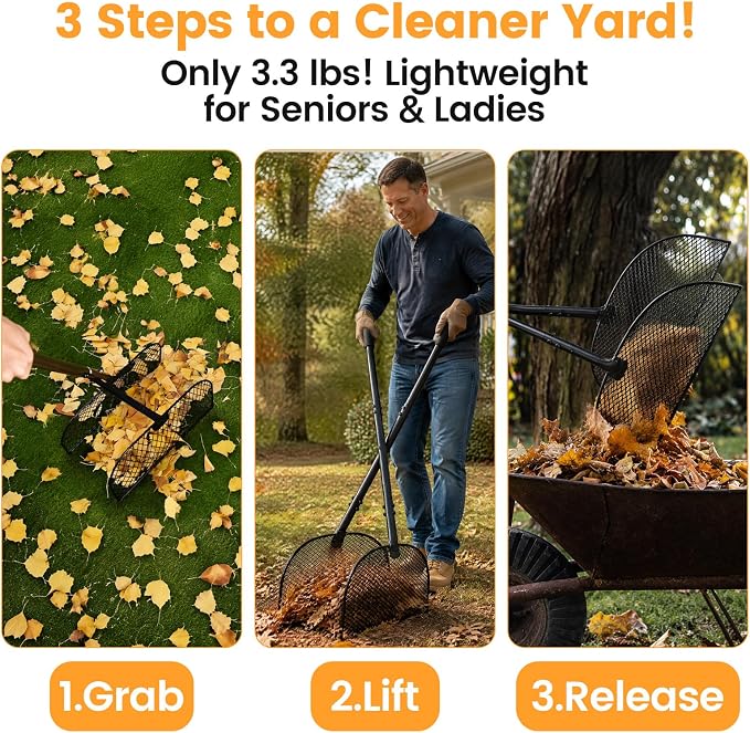 Leaf Grabber Rake with Long Handle, Heavy Duty Metal Leaf Picker Upper and Grass Collector, Upright Lawn Debris Pickup Tool with Upgraded Lock Nuts for Yard Cleanup, No Bending Over