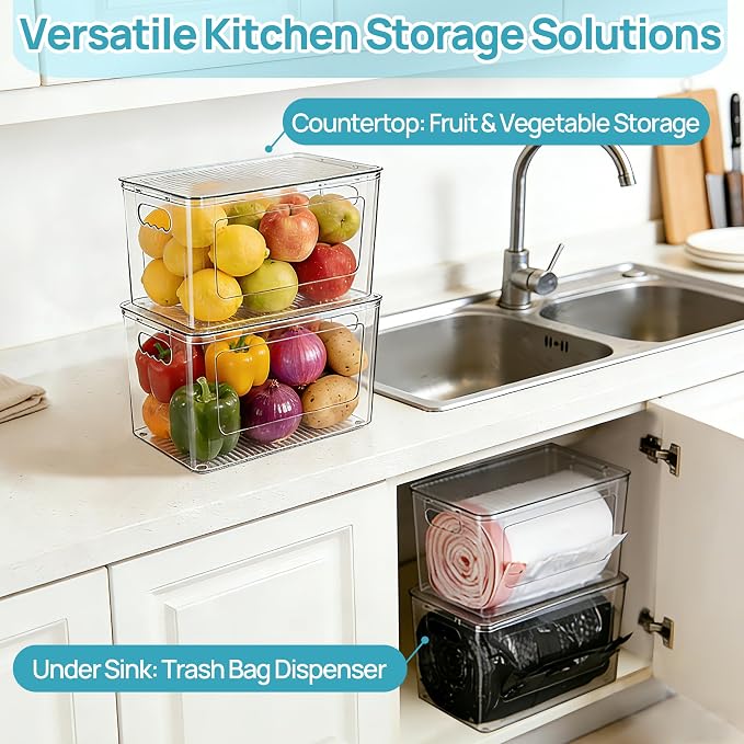 Vtopmart 1 Pack Trash Bag Holder, Stackable Garbage Bag Dispenser for 13/30/33 Gallon Bags, Onion and Potato Storage Bins for Kitchen, Clear Organizer Bins for Under Sink, Laundry Room