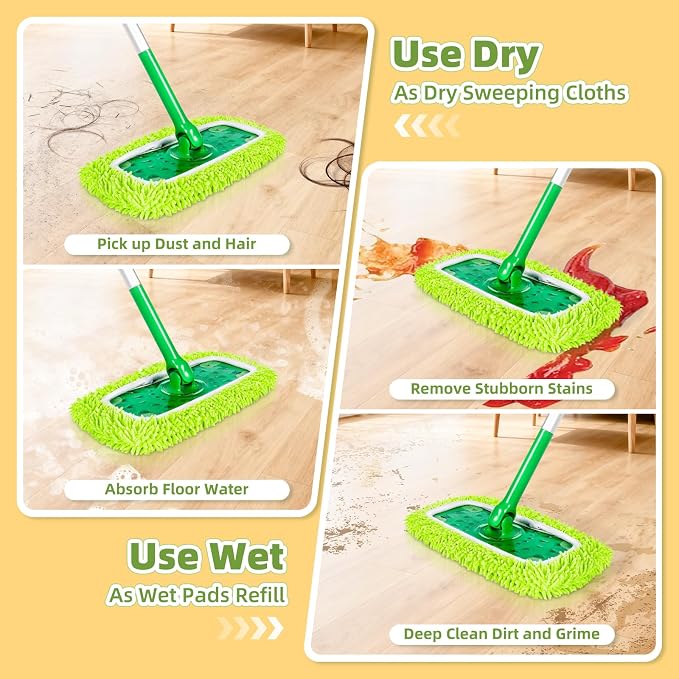 Reusable Microfiber Pads Compatible with Sweeper Mop, Washable Wet Pads Refill & Highly Absorbent Dry Sweeping Cloths - Chenille Mopping Pad for All Sealed Floors Cleaning (Mop is not Included)