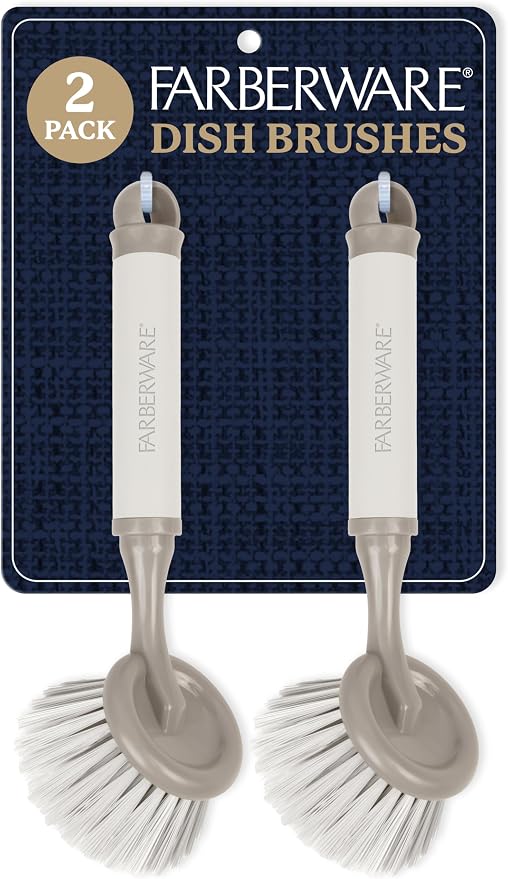 Farberware Dish Brush with Handle, 2 Pack, Firm Bristles | Kitchen scrub brush and dish scrubber removes grease, reaches pot and pan edges, 9in, round head, soft-grip design