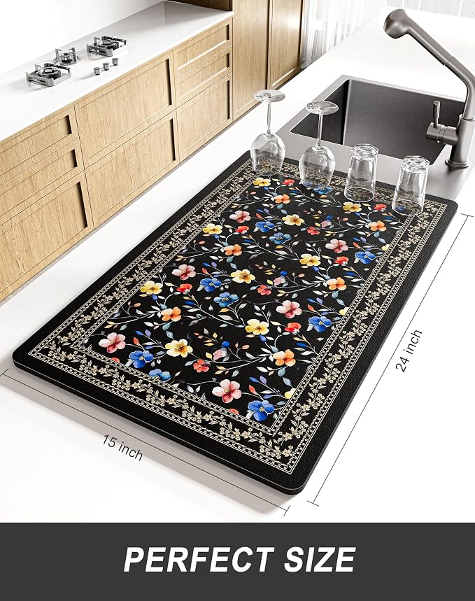 Rnivvi Dish Drying Mat for Kitchen Counter, XL 15 x 24" Cute Flower Theme Super Absorbent Drainer Pad, Non-Slip Heat Resistant Coffee Bar Mat for Coffee Machine Station Accessories,Retro Dish Rack Pad