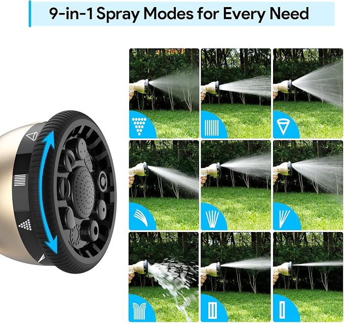 Heavy Duty Hose Nozzle, 9-IN-1 Spray Patterns, Spray Nozzles for Garden Hose with Metal Trigger & Lock Bar, 3/4" Thread & Connection Adapter, Suit for Watering Plants, Lawn, Car, Outdoor Pet