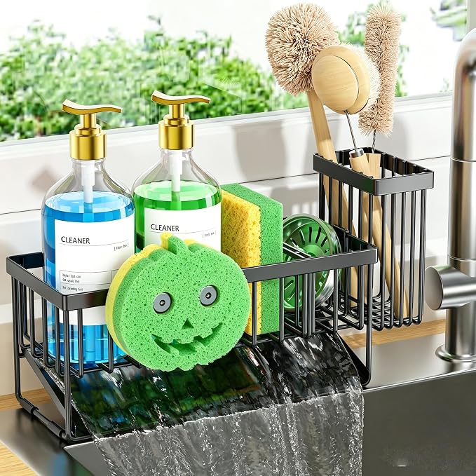 Cisily 9.25'' ponge Holder for Kitchen Sink, Smiley Face Sink Caddy with Removable Brush Holder,Self-Draining Sponge Caddy for Sponge,Soap,Dish Brush,Scrubber,Kitchen Essentials and Gadgets