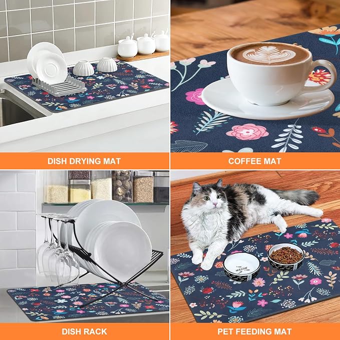 LOKHOM Dish Drying Mat for Kitchen Counter, 18"x24" Absorbent Coffee Bar Mat with Colorful Floral, Vintage Dish Drainer Rack Mat