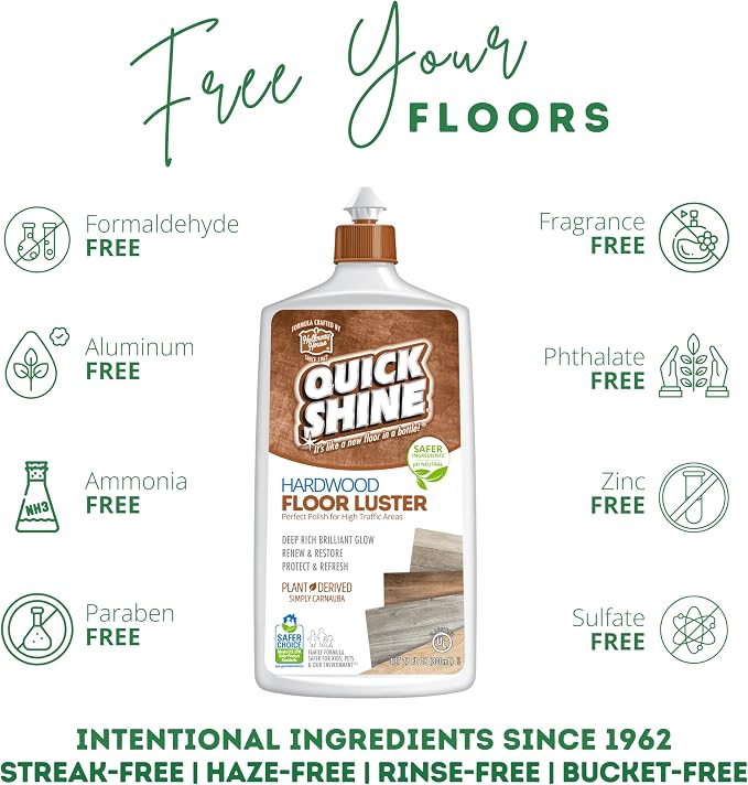 Quick Shine Hardwood Floor Cleaner & Wood Floor Polish w/Plant-Derived Carnauba 27oz Bottles,Removes Scratches,Safer Choice,A Clean That Can Be Seen,(Pack of 4)