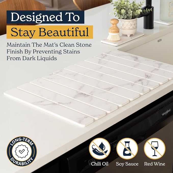 Oleex 3-Pack Stone Dish Drying Mat Set Includes 1 Large 24”x16” & 2 Small 4”x9” for Kitchen Counter-Collapsible Diatomaceous Earth Pad Absorbs Water & Dries Dishes Fast, Non-slip, Odor-Resistant Mats
