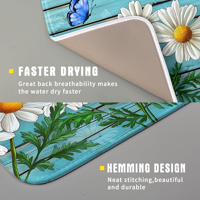 Daisy Dish Drying Mat for Kitchen Counter 16x18in Turquoise Daisy Old Wooden Board Kitchen Mat Absorbent Reversible Microfiber Dishes Pad Fast Drying Dish Drainer Mats for Countertop