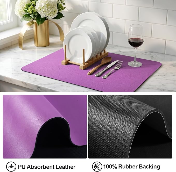 Ecotrim - Dish Drying Mat for Kitchen Counter | Coffee Bar Mat for Countertops | Heat Resistant Drainer Mat with Non-slip Rubber Backed | Hide Stain Kitchen Absorbent Draining Mat | Purple 18"x32"