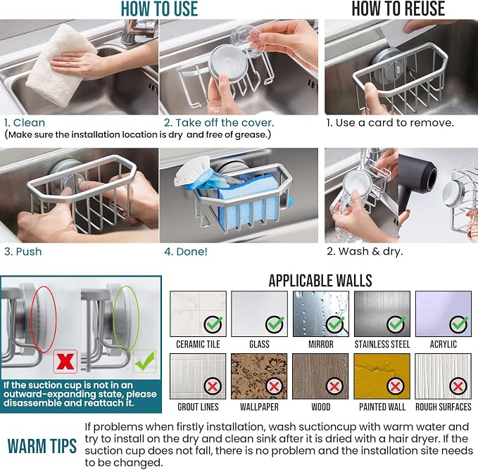 TAILI Sink Caddy with Strong Suction Cup, Sponge Holder for Kitchen Sink Organizer, Removable Sponge Caddy Inside Sink, Rustproof Aluminum Holder for Sponges, Brushes - Silver