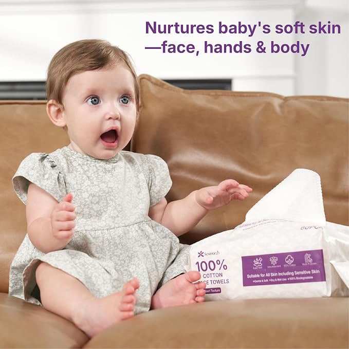 100% Cotton Disposable Face Towels, 360 Count | Soft Cotton Tissues for Sensitive Skin, Makeup Remover Dry Wipes, Lint-Free Facial Cleansing Cloths, Hanging Bag